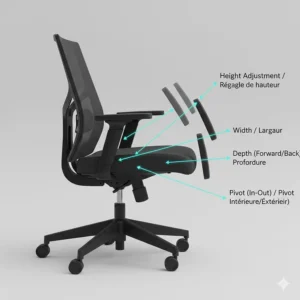 Illustration showcasing 4D adjustable armrests on an ergonomic office chair, highlighting height, width, and pivot adjustments.