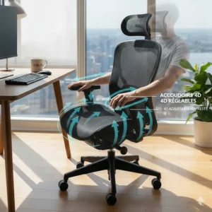 Diagram of 4D adjustable armrests on an ergonomic office chair for long hours sitting at a computer.