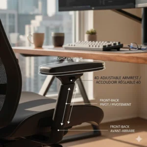 Technical illustration of 4D adjustable armrests on a desk chair for programmers to support wrists during typing.