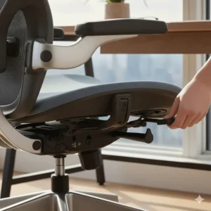 Multi-functional adjustment levers on a desk chair designed for lower back injury recovery.