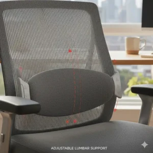 Close-up illustration of adjustable lumbar support on an ergonomic chair to alleviate lower back pain.