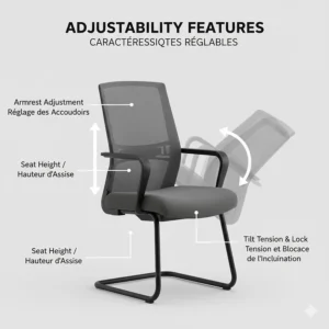Diagram of adjustable features found on a budget ergonomic chair under $300 including seat height and tilt.
