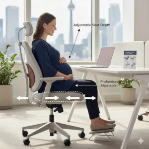 Diagram of a pregnancy-friendly desk chair with adjustable seat depth to accommodate changing body proportions.