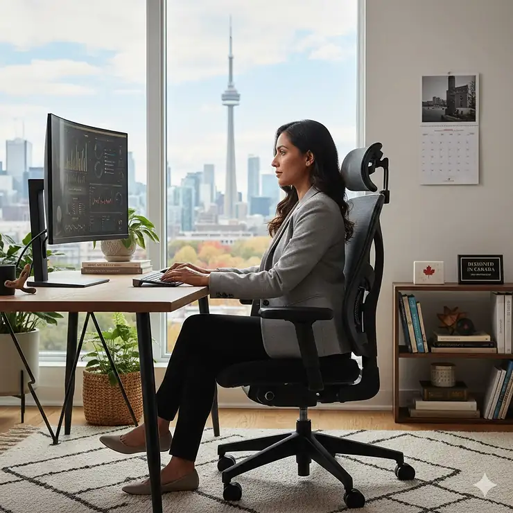 A professional in a modern Toronto home office sitting in a high-back ergonomic office chair with adjustable lumbar support.