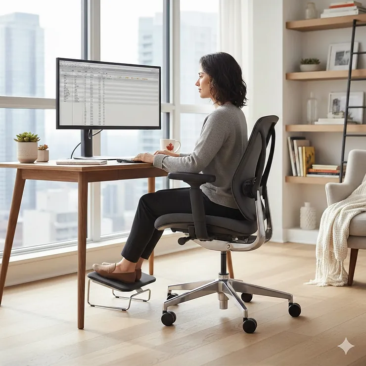 A petite professional working comfortably at a desk in a modern Canadian home office using a specialized ergonomic office chair for a short person.