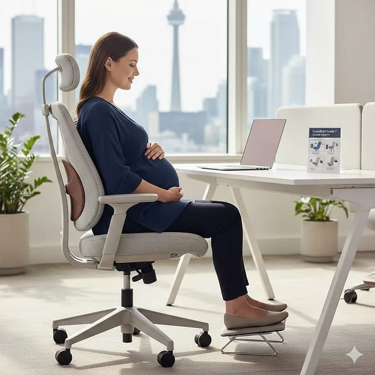 An ergonomic office chair for pregnant women in a bright Toronto corporate office, featuring adjustable lumbar support for maternity comfort.