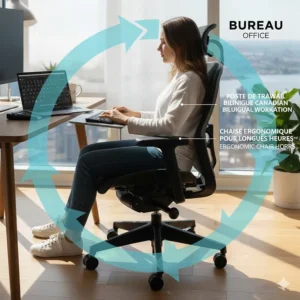 Ergonomic workstation in a bilingual Canadian office featuring a high-quality chair for long hours sitting.