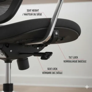 Close-up illustration of chair adjustment levers with English and French labels, showing how to customize an office chair for a short person.