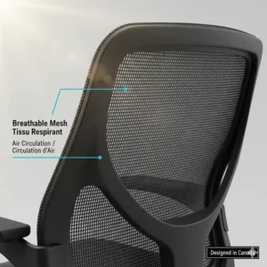 Close-up illustration of breathable mesh material on an ergonomic chair backrest, ideal for temperature regulation in Canadian offices.