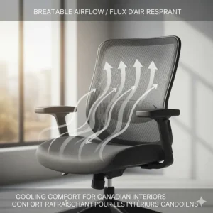 Illustration showing airflow through a mesh chair back, ideal for maintaining comfort in heated Canadian interiors.