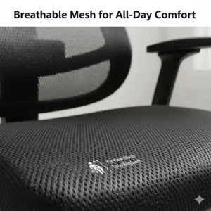 Close-up illustration of breathable mesh material on a big and tall 400 lbs capacity chair for all-day comfort.
