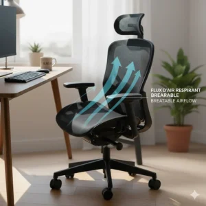 Close-up illustration of breathable mesh material on a Canadian office chair designed for long hours of comfortable sitting.