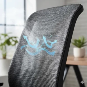 Close-up of breathable mesh material on an affordable ergonomic desk chair for comfort during long work hours.