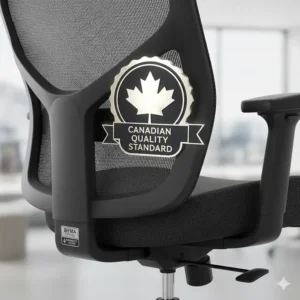 Illustration showing a desk chair for programmers meeting BIFMA standards, featuring a subtle Canadian maple leaf quality seal.
