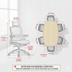 Illustration showing the durability testing of commercial-grade boardroom chairs to meet BIFMA standards for Canadian safety regulations.