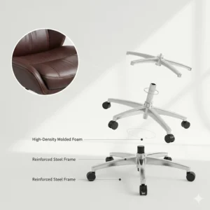 Illustration detailing the high-quality leather and reinforced base materials of a durable executive office chair.