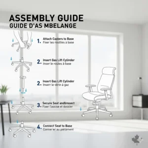 Illustration of easy-to-follow assembly instructions for an executive office chair in English and French.