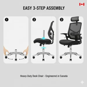 Simplified 3-step assembly guide for a heavy-duty big and tall office chair.