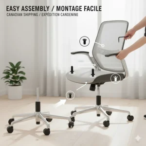 Simple step-by-step graphic showing how to assemble a mesh office chair, designed for Canadian shipping.