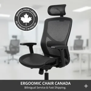 An ergonomic chair for sciatica with a "Shipped from Canada" icon, reflecting bilingual EN/FR service standards.