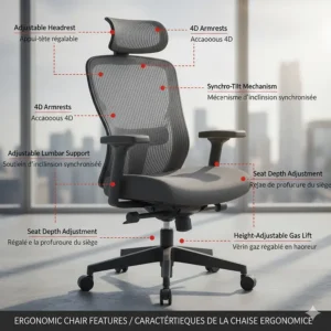 Illustration of chair components with bilingual labels in English and French for the Canadian market.