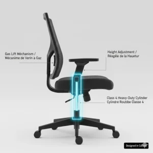 Illustration of a Class 4 gas lift mechanism for height adjustment on a heavy-duty ergonomic office chair.