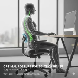 Illustration of correct spinal alignment in a desk chair to prevent sciatica pain during long Canadian winters.