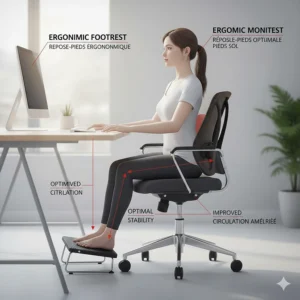 An illustration of an ergonomic footrest paired with a Canadian-brand office chair for a short person to ensure stability.