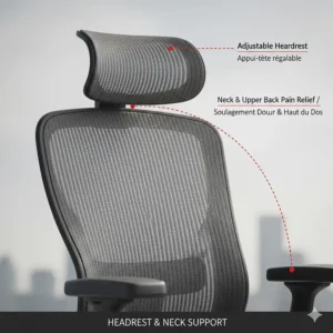 Illustrated adjustable headrest designed to reduce neck tension and upper back pain during long work hours.