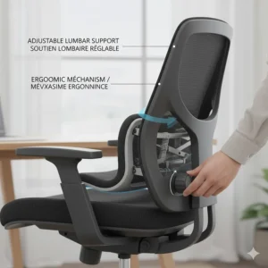 Diagram of adjustable lumbar support on a programmer's desk chair to prevent back pain during long coding sessions.