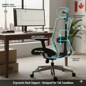 Illustration highlighting adjustable lumbar support designed for tall users to prevent back pain in a professional workspace.