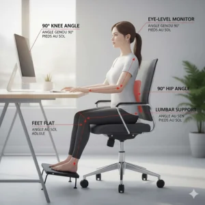 An illustration showing the 90-degree sitting rule for an office chair for a short person, featuring feet flat on the floor and proper lumbar support.