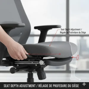 Illustration showing how to adjust seat depth to reduce pressure on the thighs and lower back.