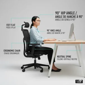 Infographic of a person sitting with 90-degree angles at the hips and knees in a premium ergonomic office chair.