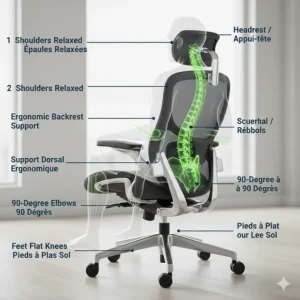 Diagram illustrating correct sitting posture and wellness benefits provided by a well-designed executive office chair.