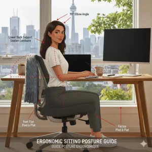 Diagram showing the ideal 90-degree sitting posture for Canadians working from home to prevent spine strain.