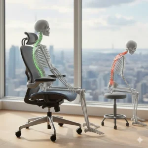 Diagram showing proper spinal alignment in an office chair to prevent sciatica and disc pain.