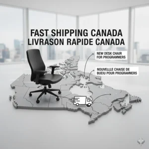 Stylized map of Canada with a delivery icon, highlighting fast shipping for a new desk chair for programmers.