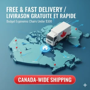 Illustration showing fast shipping for budget ergonomic chairs under $300 to Toronto, Vancouver, and Montreal.