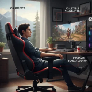 High-back gaming chair with neck pillow and 4D armrests, highlighting comfort features for Canadian gamers who work from home.