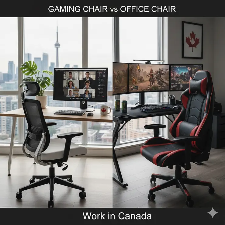 A side-by-side comparison of an ergonomic office chair and a racing-style gaming chair in a sunlit Toronto home office, debating the best seat for remote work in Canada. gaming chair vs office chair for work