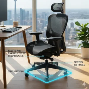 Illustration of floor-friendly casters on an office chair for long hours sitting on Canadian hardwood floors.