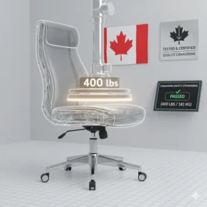 Technical illustration showing the heavy-duty steel base of a 400 lbs capacity office chair tested for Canadian safety standards.
