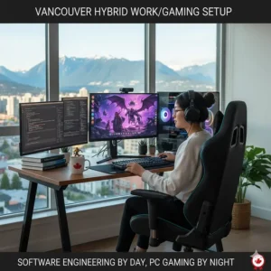 A versatile Vancouver-inspired setup featuring a gaming chair used for both software engineering and evening PC gaming.