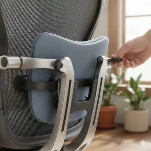 Close-up of adjustable lumbar support on an office chair for herniated disc relief.