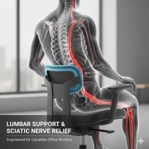 Diagram showing how adjustable lumbar support reduces pressure on the sciatic nerve for Canadian office workers.
