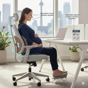 Illustration of an office chair for pregnant women showing adjustable lumbar support to relieve lower back pain.