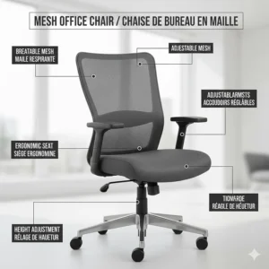 Illustration of a mesh office chair with descriptive labels in English and French (Chaise de bureau en maille).