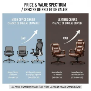A value chart highlighting the price range of mesh vs leather office chairs available in CAD (Canadian Dollars).