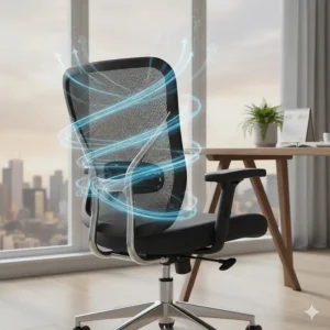 Illustration showing air circulation through a mesh backrest, ideal for staying cool during humid Ontario summers.